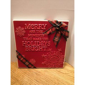 Hallmark Embossed Holiday/Christmas Red Plaid Bow Square Ceramic Trivet Decor